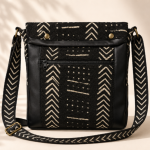 Black & White Mud Cloth & Black Leather Cross Shoulder Bag