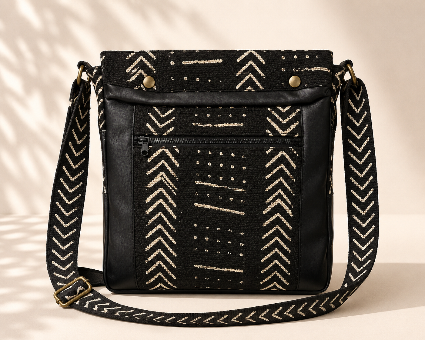 Black & White Mud Cloth & Black Leather Cross Shoulder Bag
